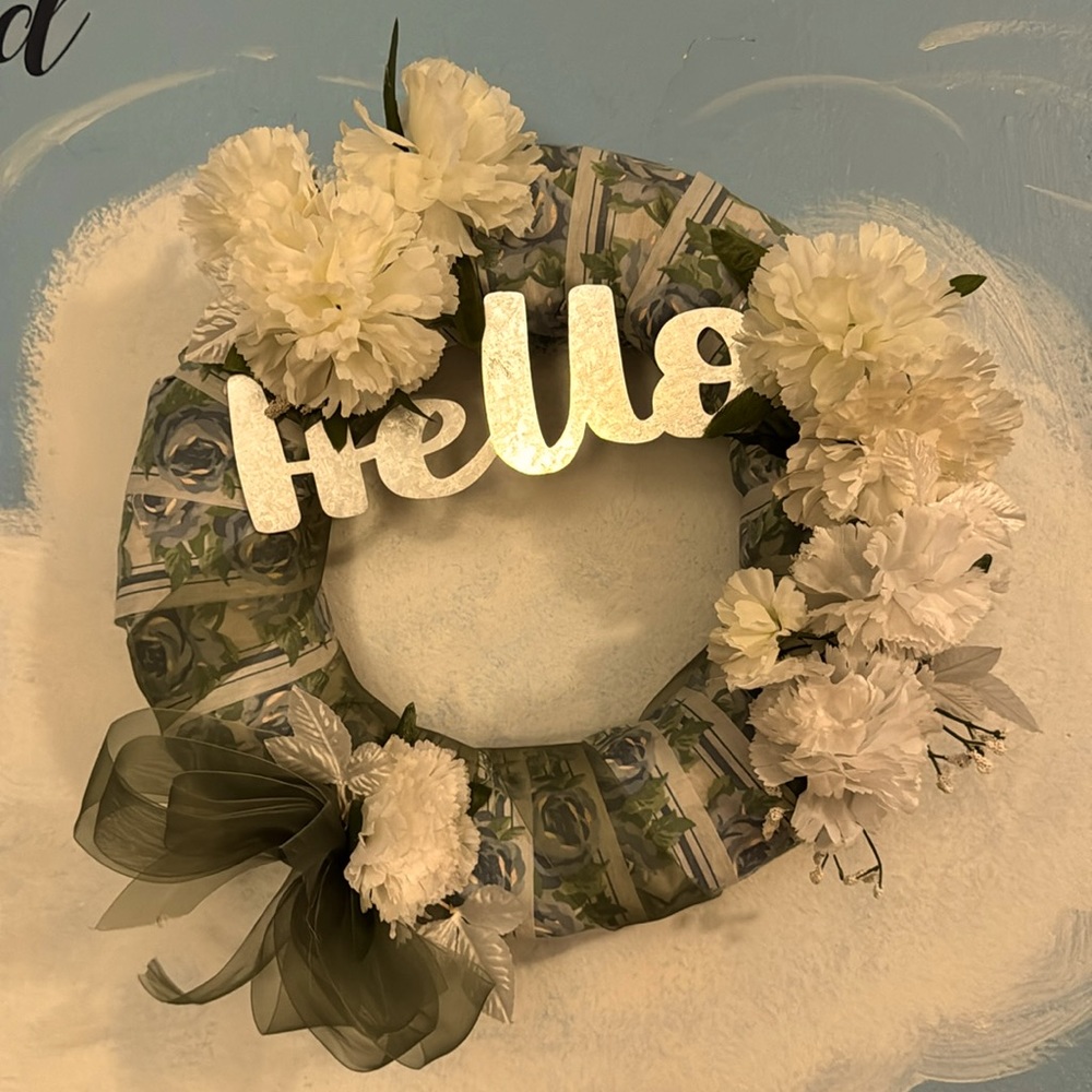 Carnation and Blue Floral Ribbon "Hello” Wreath